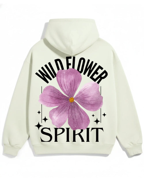off white hoodie with a purple flower and text design on the back